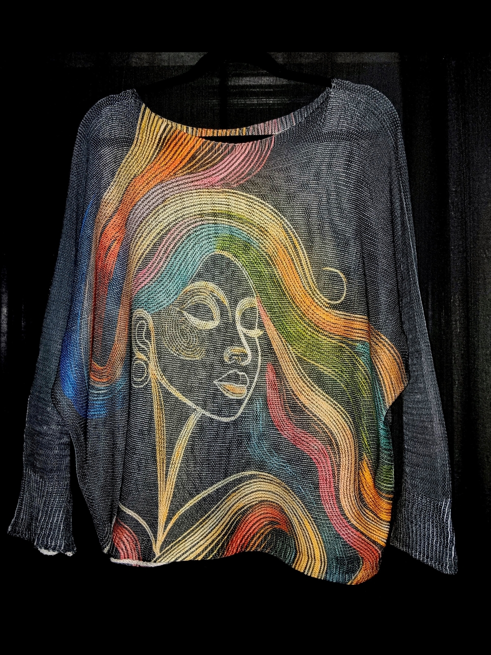 ✨️ITALIAN KNIT Black Sweater with Rainbow Line-Art Face!